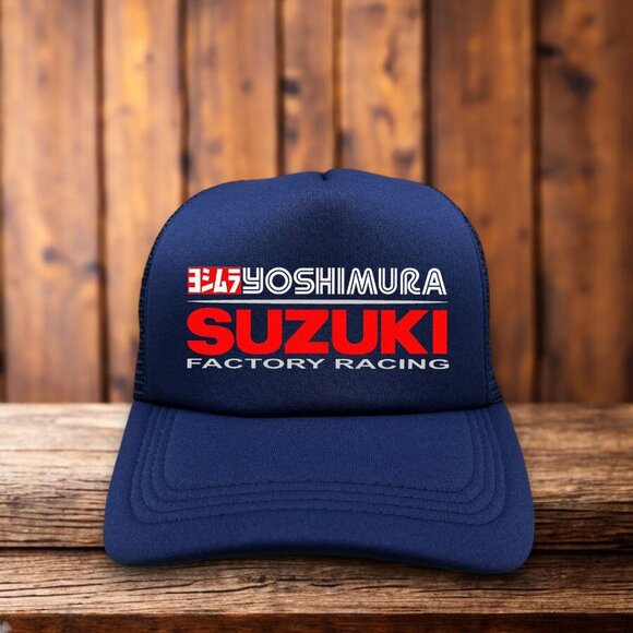 Yoshimura Suzuki Factory Racing Mens Trucker Hat Navy Snapback Motorcross Cap - Picture 1 of 4